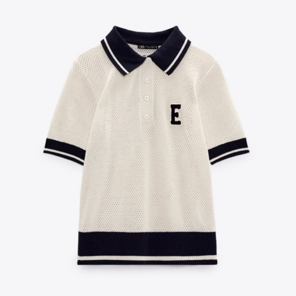NWT Zara Women’s Combo Crochet Letter Polo Shirt in Cream & Navy Sz M